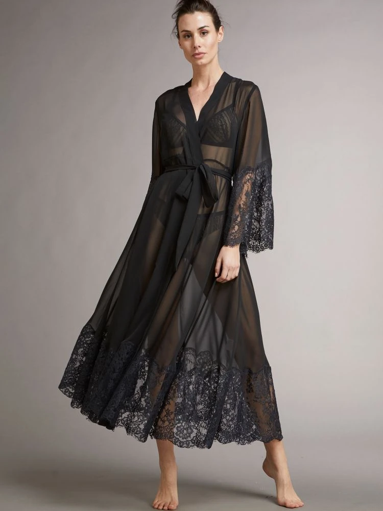 Chiffon Morgenmantel ROSSELLA Schwarz Transparent Von Vivis – Bild 2