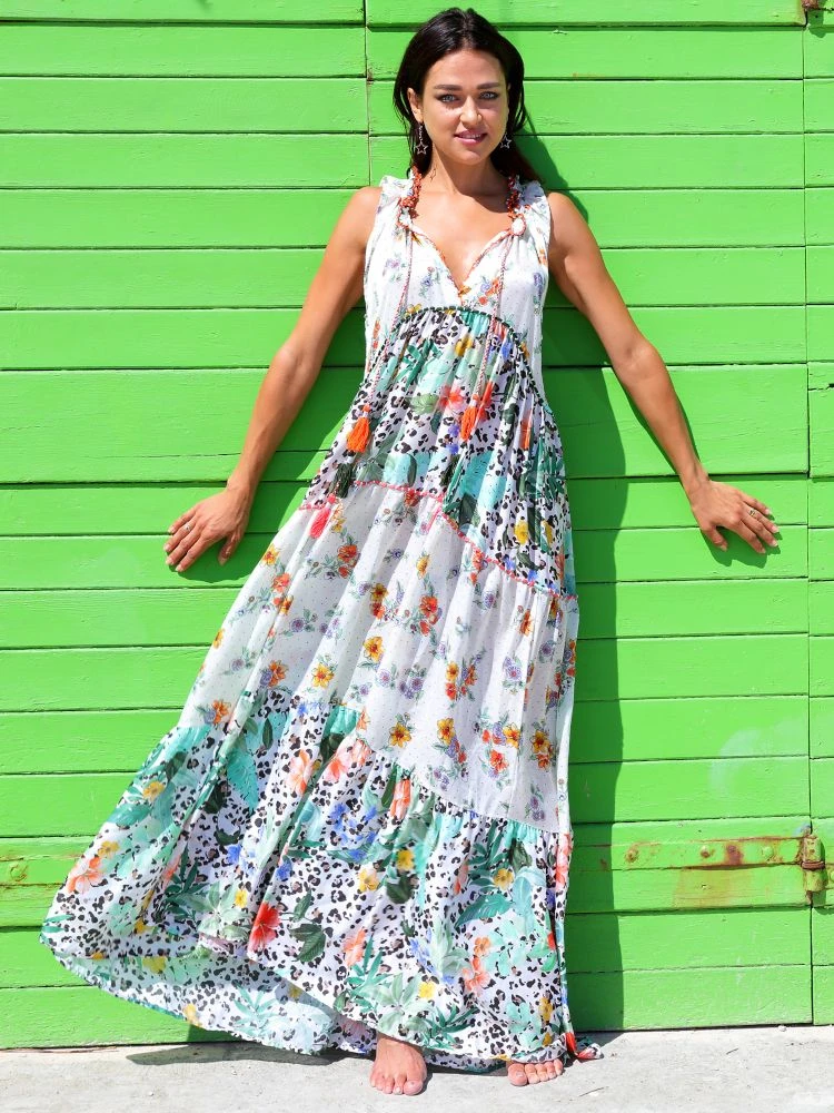 Seidenbatist Strandkleid FANTASIA BIANCO Weiß Grün Von Laetitia Beachwear – Bild 2