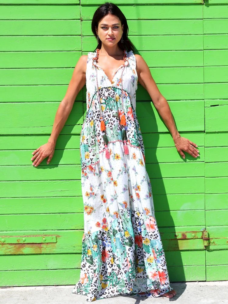 Seidenbatist Strandkleid FANTASIA BIANCO Weiß Grün Von Laetitia Beachwear – Bild 4