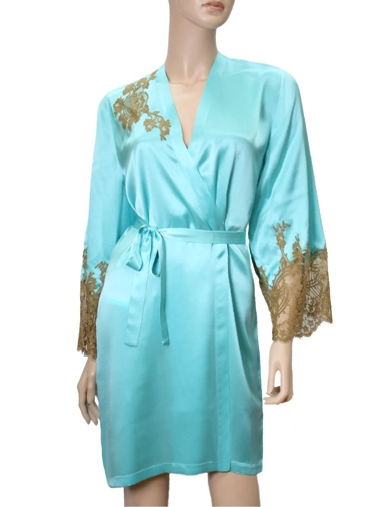 Seide Morgenmantel JARDIN Kurz Mit Spitze Marjolaine – Bild 4