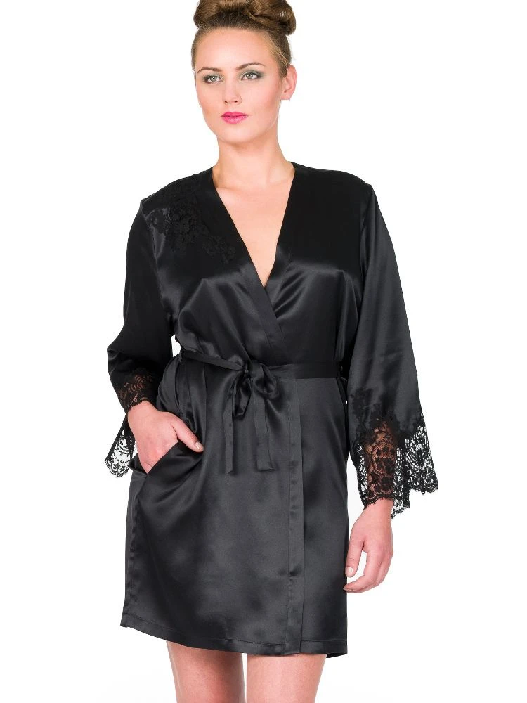 Seide Morgenmantel JARDIN Kurz Mit Spitze Marjolaine – Bild 2