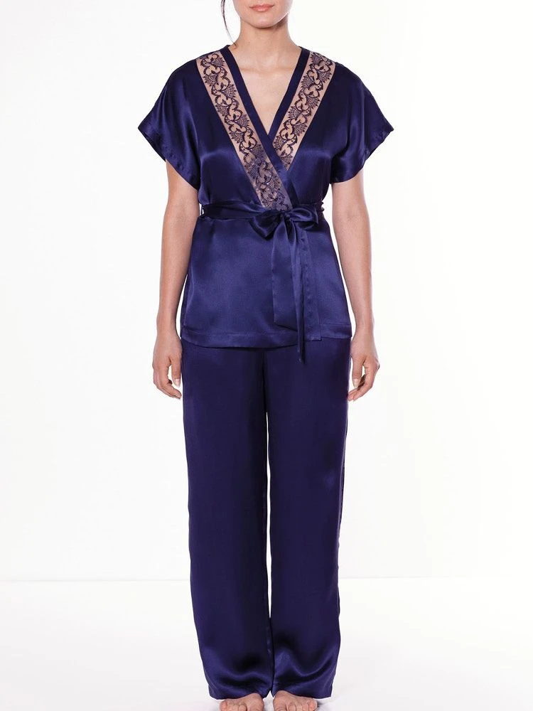 100% Seide Pyjama SHINY EMBROIDERY Nachtblau Von Luna Di Seta – Bild 3