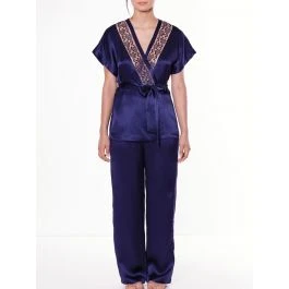100% Seide Pyjama SHINY EMBROIDERY Nachtblau Von Luna Di Seta